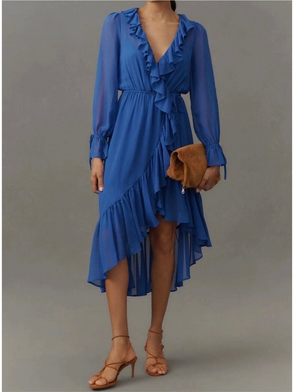 NWT  Anthropologie Long-Sleeve Ruffled Asymmetric Midi Dress. Size S. Ret. $168